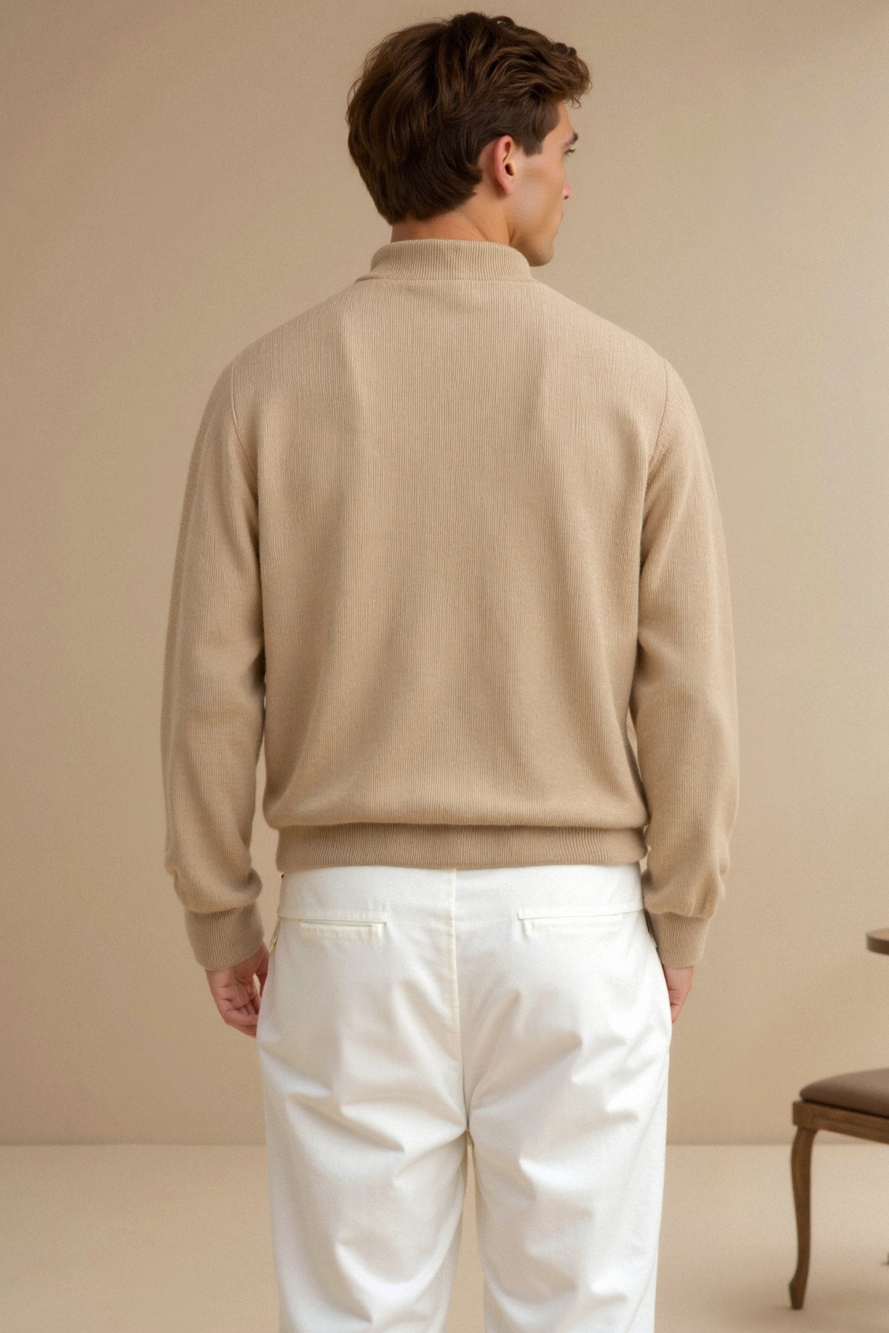 Męski Sweter V-Neck Beżowy Rozmiar L 100% Bawełna Premium-2
