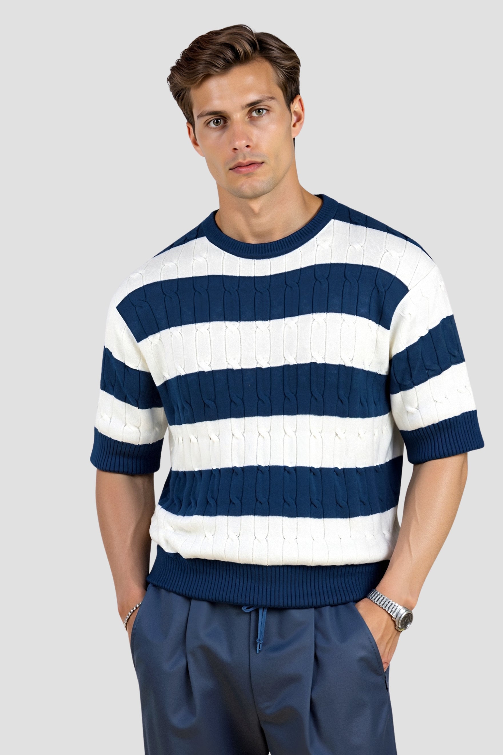 Męski T Shirt Oversize Szary Rozmiar XL Bawełna Paski-2