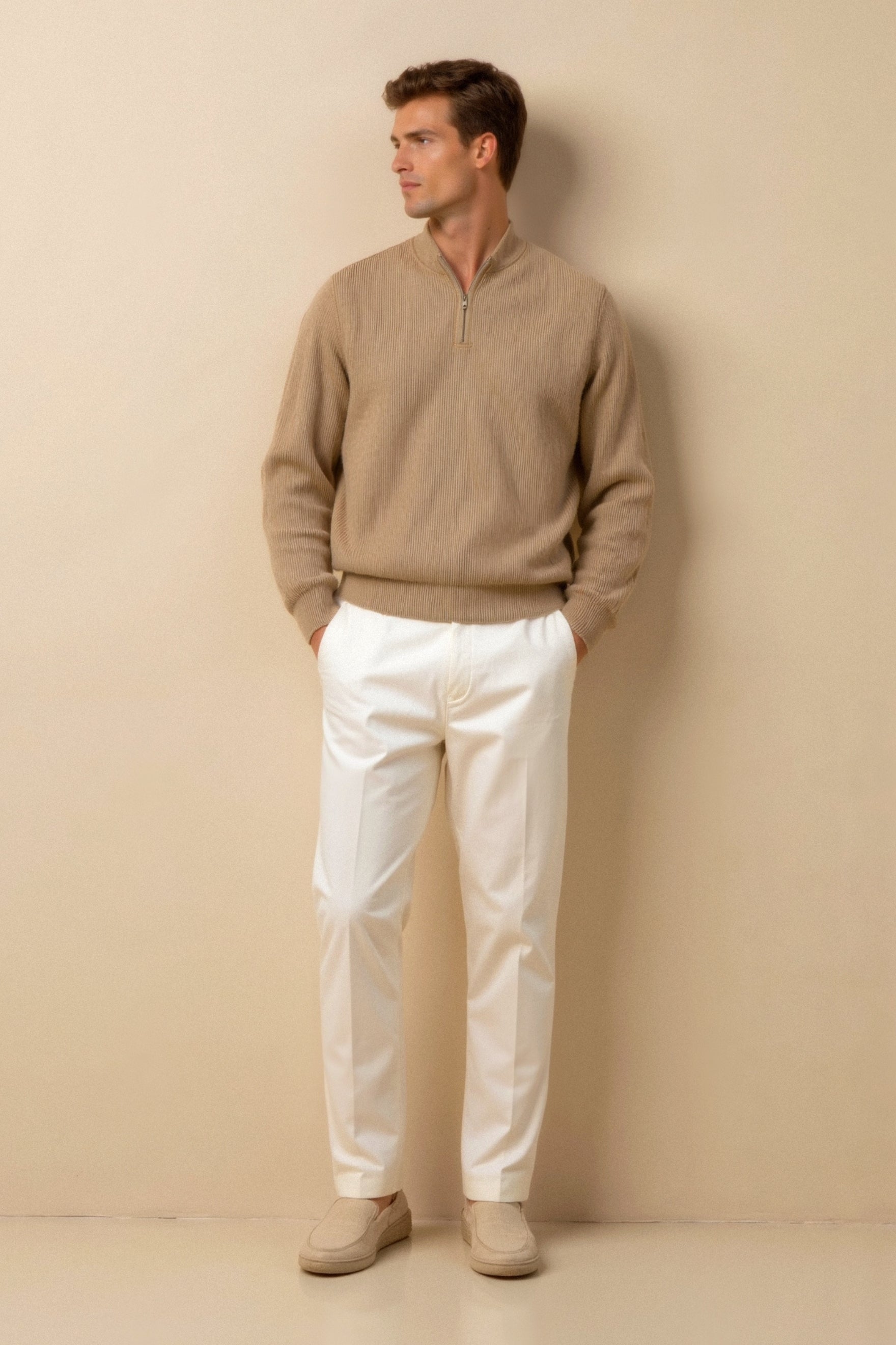 Męski Sweter V-Neck Beżowy Rozmiar L 100% Bawełna Premium-4