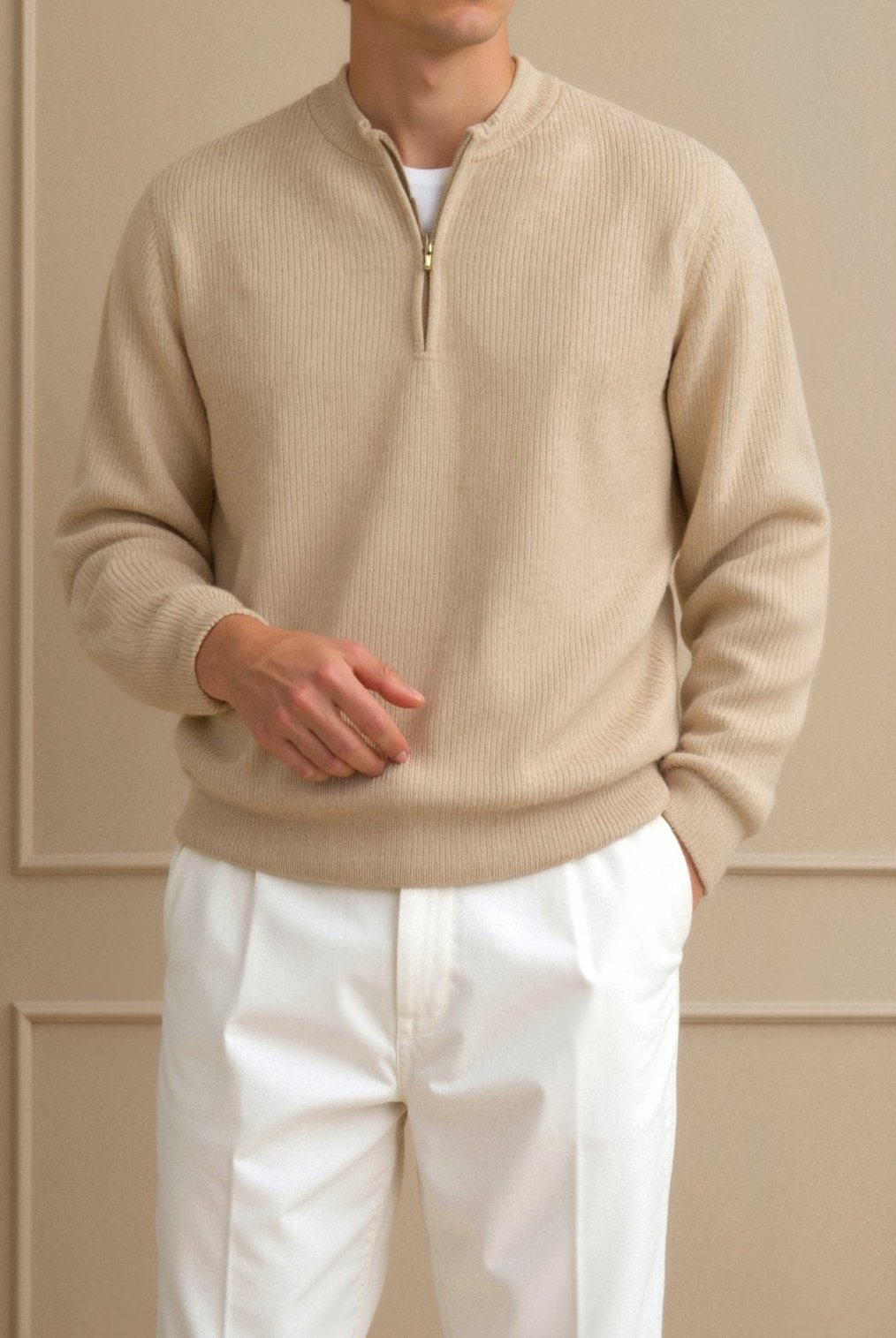 Męski Sweter V-Neck Beżowy Rozmiar L 100% Bawełna Premium-3