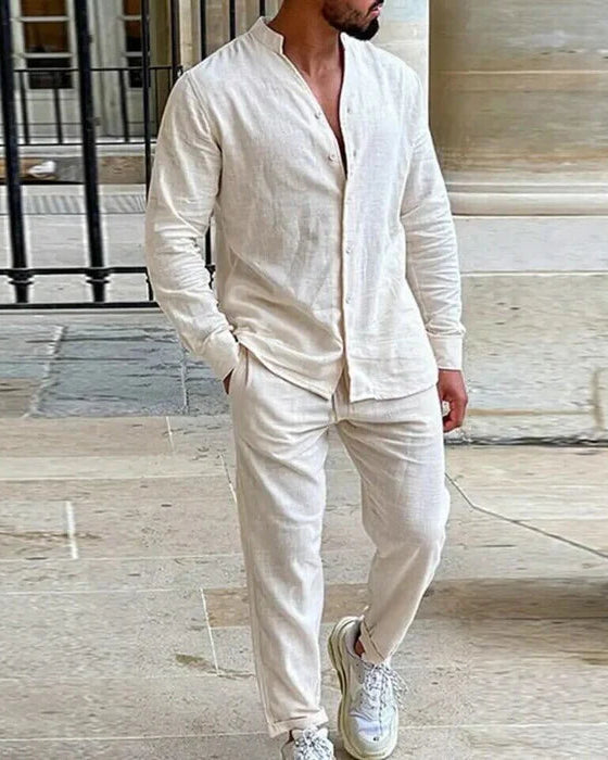 Męski Zestaw Lniany V-Neck Biały Rozmiar M Materiał Lniany 0