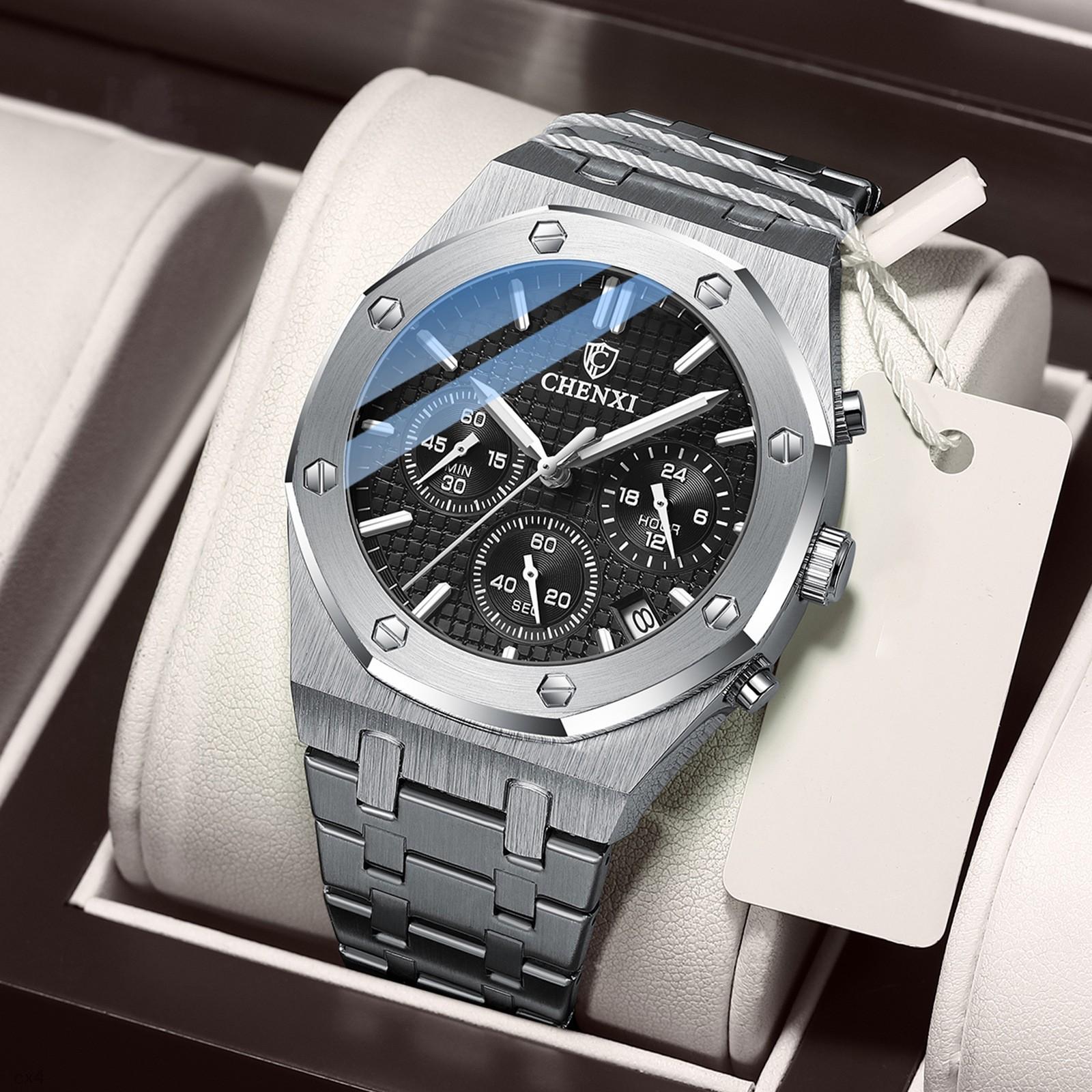 Męski Zegarek Chronograf Czarny Rozmiar Regulowany Skórzany-5