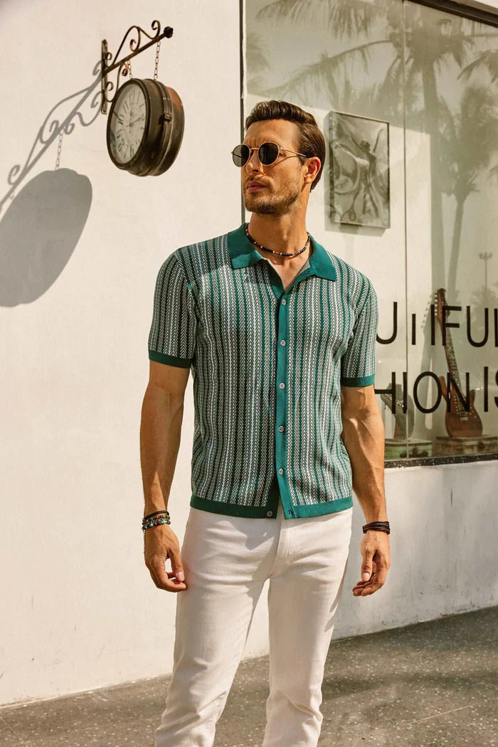 Męska Poloshirt Niebieska Rozmiar M Bawełna Paski Retro-2